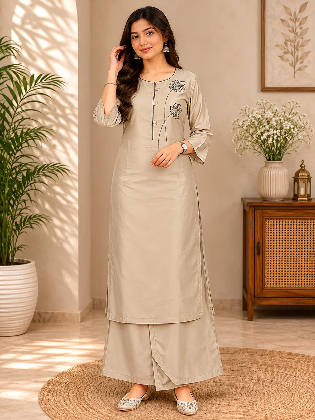 Elegant Grey Embroidered Cotton Salwar Suit